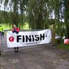 Sarah checks out the new finish banner